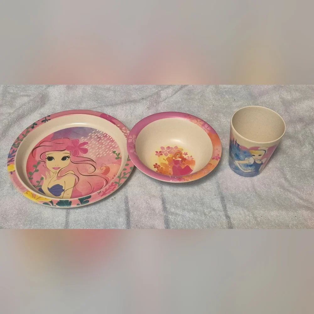 Disney Princess Kids Bamboo Dish Set Plate Bowl Cup Ariel Cinderella Toddler